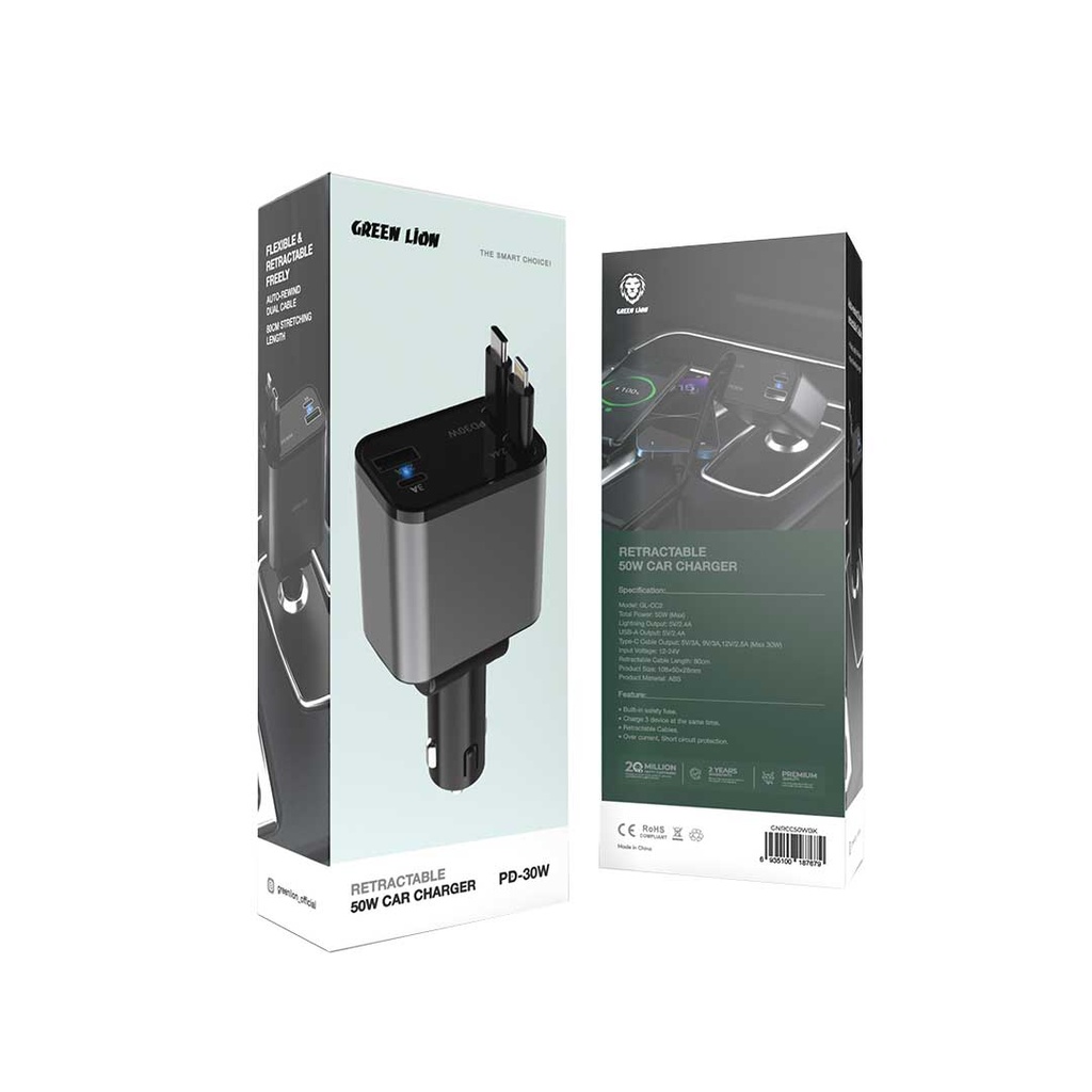 شارژر فندکی خودرو گرین لاین مدل Green Lion Retractable 50W Car Charger