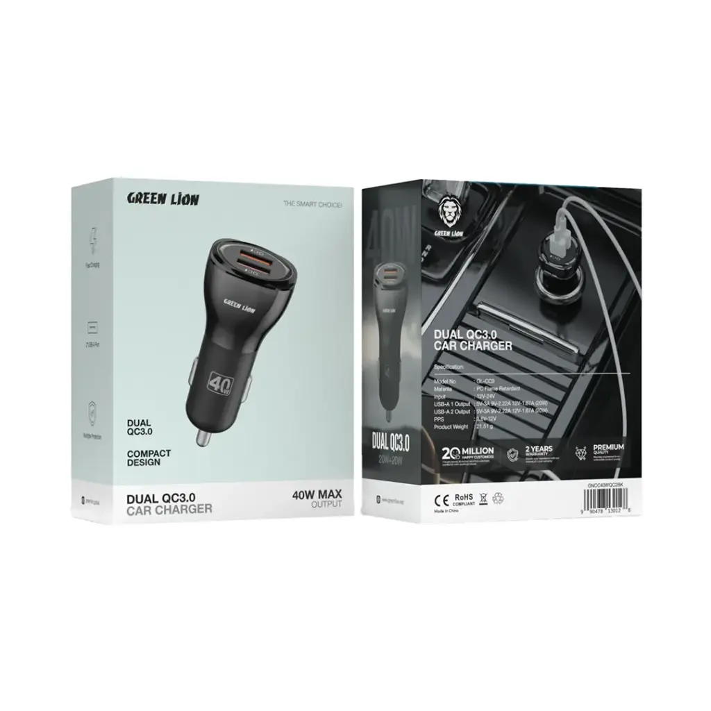 شارژر فندکی گرین لاین مدل Green Lion Dual Port Car Charger 40W