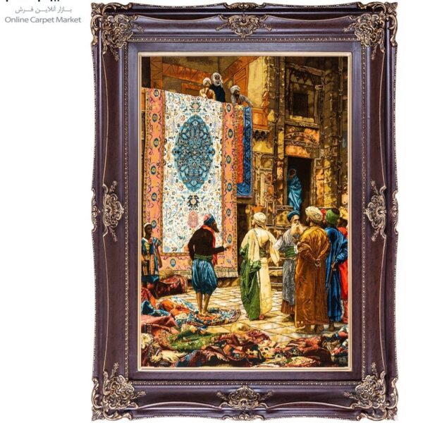 تابلو فرش دستباف عمودی چله ابریشم طرح بازار فرش قاهره کد T02221