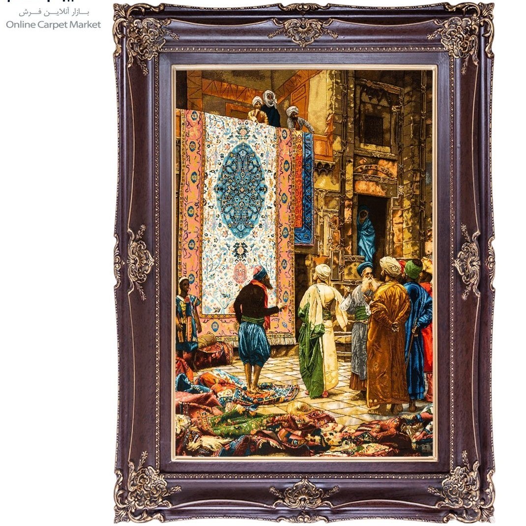 تابلو فرش دستباف عمودی چله ابریشم طرح بازار فرش قاهره کد T02221