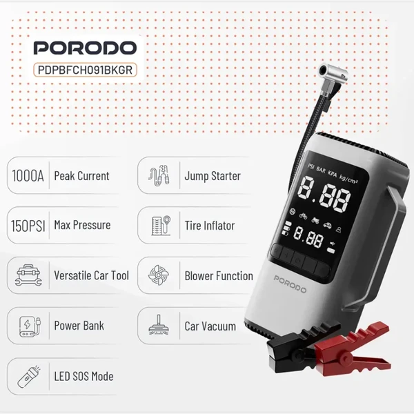 جامپ استارتر و پمپ باد 6 کاره پورودو Porodo 6-in-1 Multi Function Power Tool